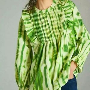 Anthropologie Emilia Ruffled Tie Dye green Blouse long sleeves Samant ChauhanXS